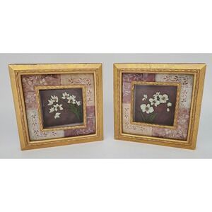 Viv Bowles Orchid Shadow Box Wall Art Set 2 Gold Frames Floral Square 7" Signed
